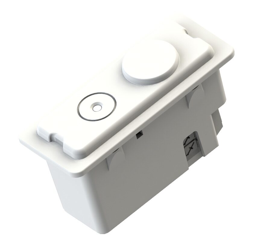 Helvar 5643 ActiveAhead Node D4i R44, a small white rectangular module with a flat round cap for a Zhaga Book 20 slot