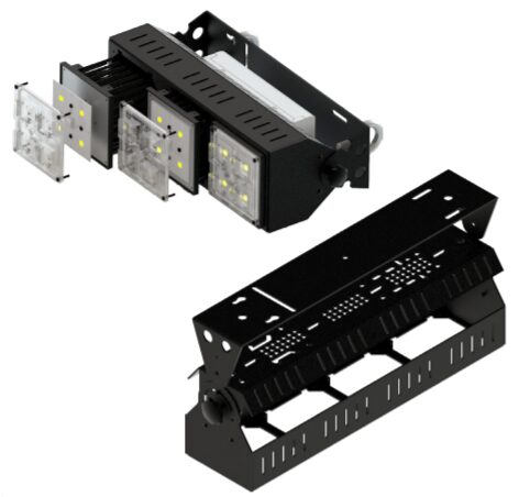 MechaTronix CoolBeam kit shown exploded above and assembled below: square 2x2MX LED coolers mounted side by side in a black steel bracket with a driver on top