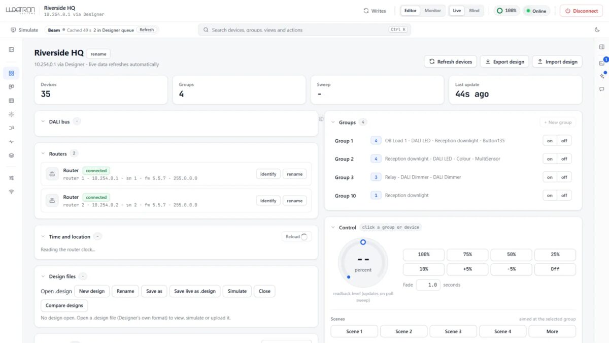 BeamUI site overview showing routers, groups, live control and device counts