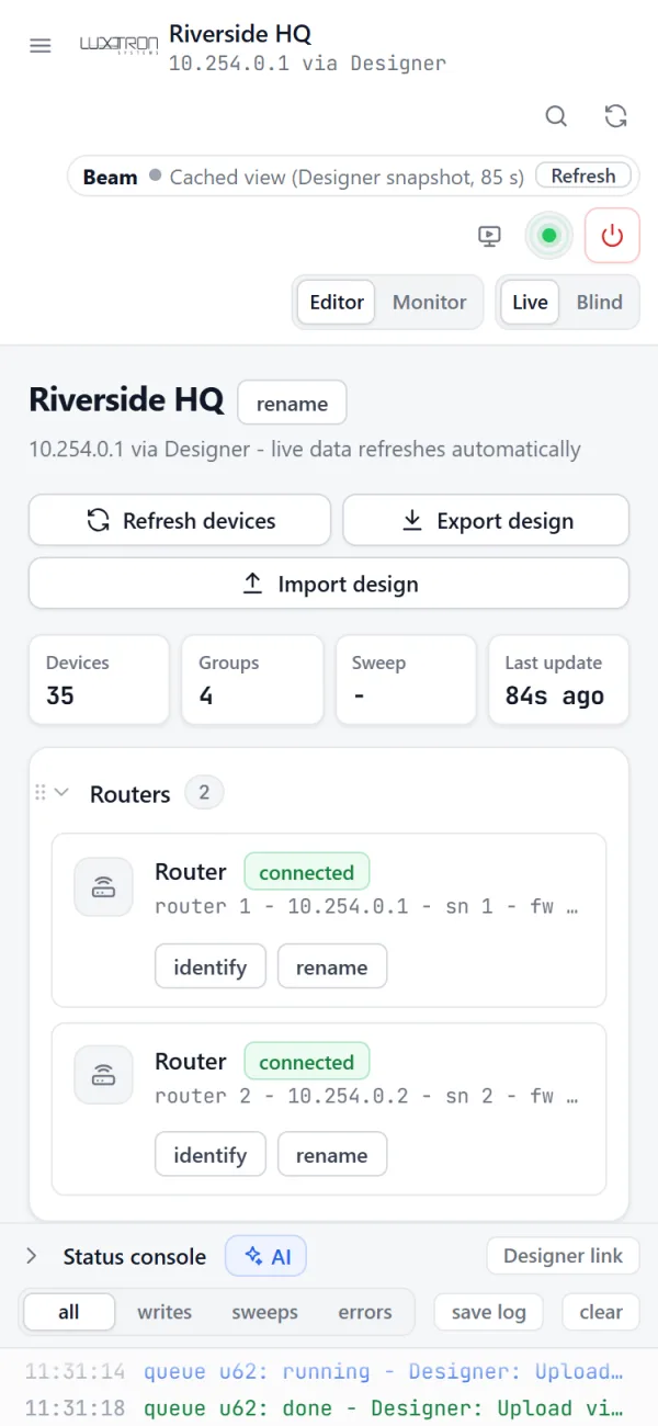 BeamUI on a phone, showing the site and its routers