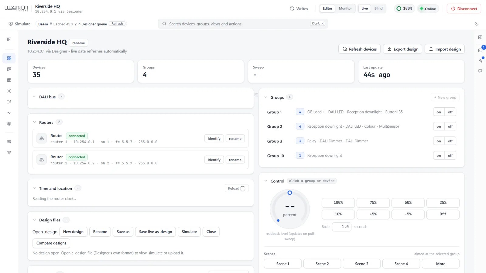BeamUI site overview of a demo site showing routers, groups, device counts and a live control panel