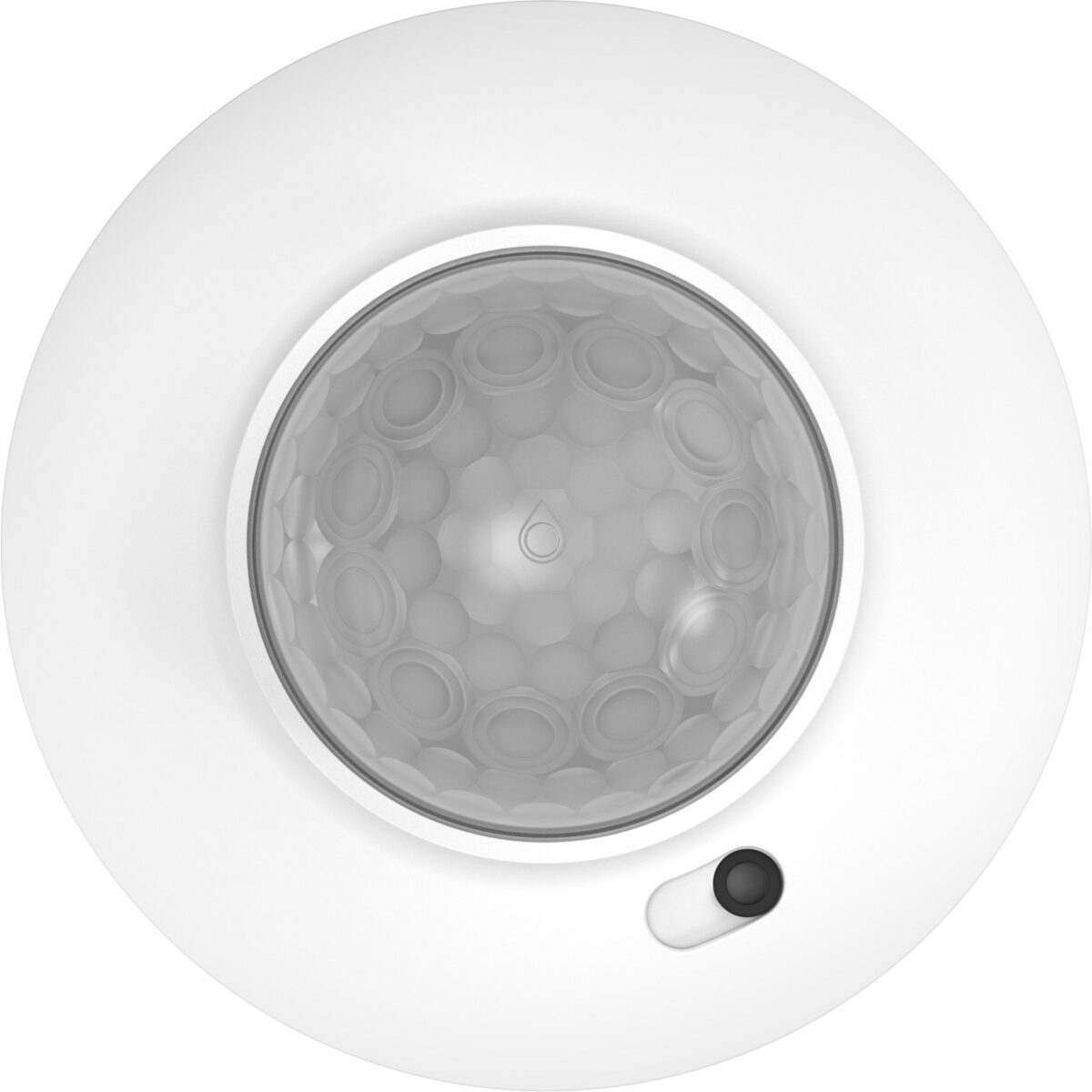 Helvar 3440D2 Wide Range multisensor seen from below, a round white ceiling sensor with a large faceted PIR lens