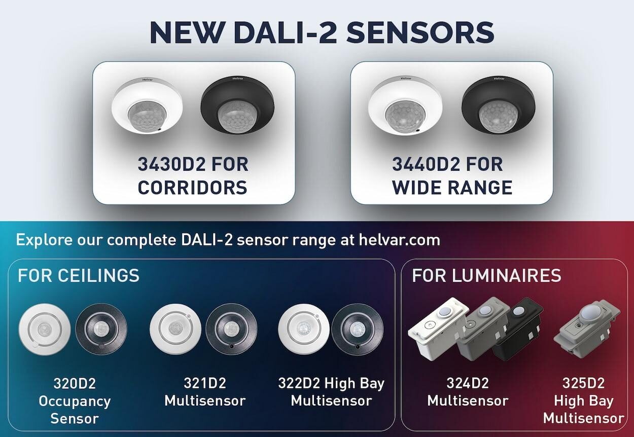 Helvar graphic of its DALI-2 sensor range: the new 3430D2 and 3440D2 at the top, with the 320D2, 321D2, 322D2 ceiling sensors and the 324D2 and 325D2 luminaire sensors below