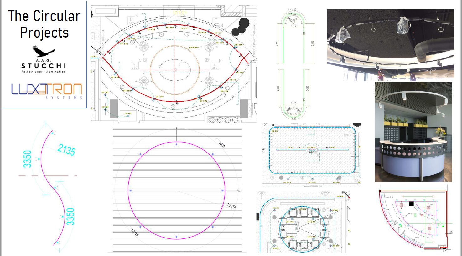 Luxtron and A.A.G. Stucchi project sheet with ceiling plans of circular, oval and S-shaped track runs, and two photos of curved track installed over an office ceiling and a round reception desk
