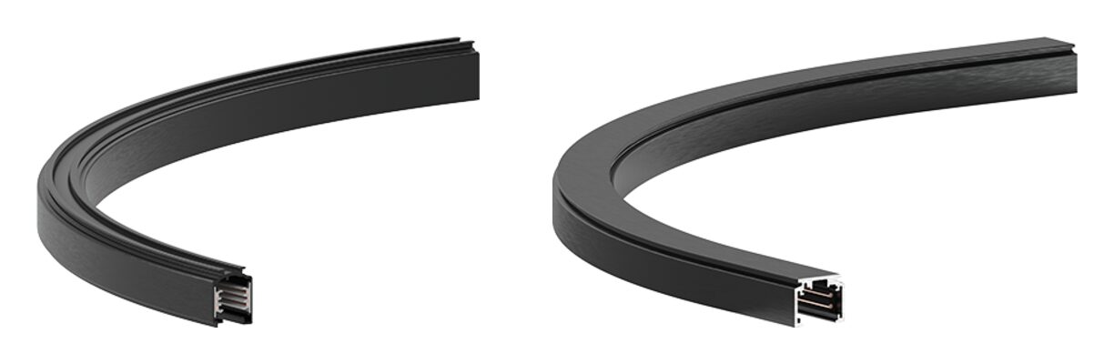 Two black curved track sections: an A.A.G. Stucchi ONETRACK 9000A-R mains arc on the left and an EVO 9500 48 V arc on the right