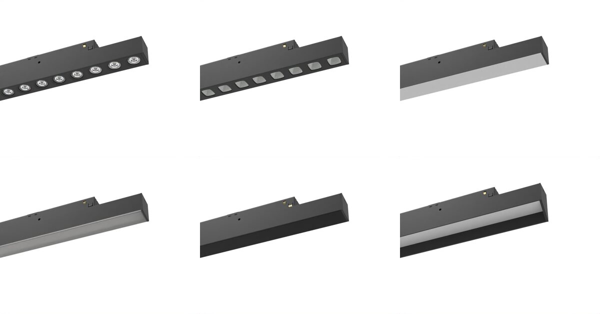 Six Senzafine EVO modules in black showing the lens, UGR reflector, opal, microprismatic, fumé and wall washer fronts