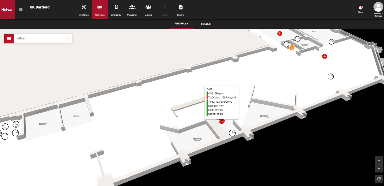 Screenshot of the Helvar Senses web interface showing a floor plan with sensor locations and a pop-up of readings for one room