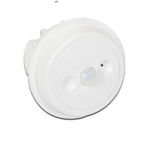 White round Helvar iDim Orbit ceiling sensor with a PIR lens and light sensor window