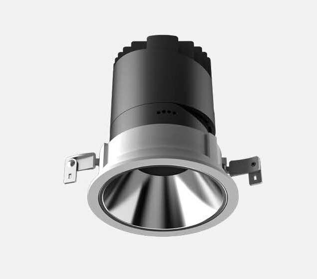 ALENA 20 W round recessed downlight with a black heatsink body, mounting springs and a polished reflector