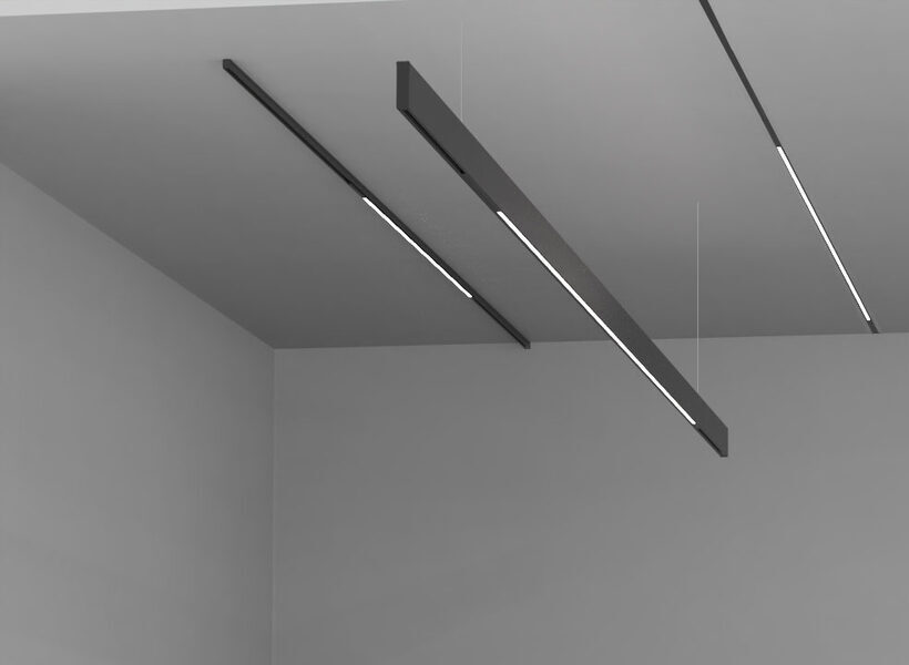 Render of a grey room with slim black suspended CORE5 track lines carrying narrow linear lights