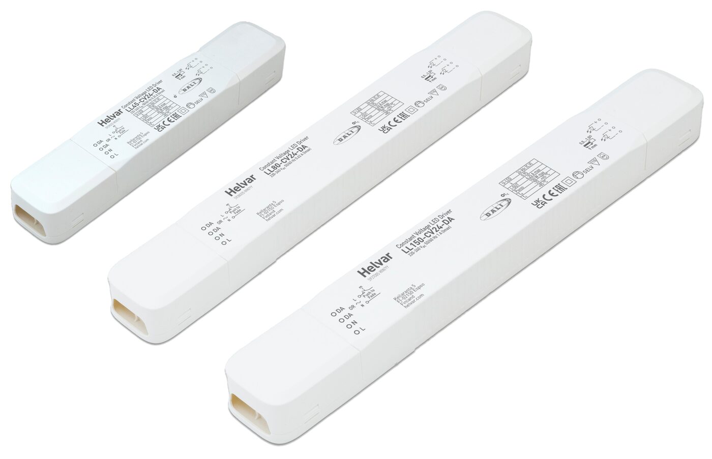 Three white Helvar constant voltage DALI-2 LED drivers in slim linear housings