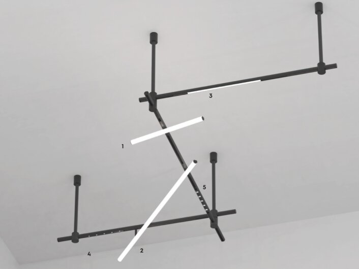 Render of a KOMPO structure: black 48 V tracks joined at different heights by vertical connectors, carrying white linear light sections