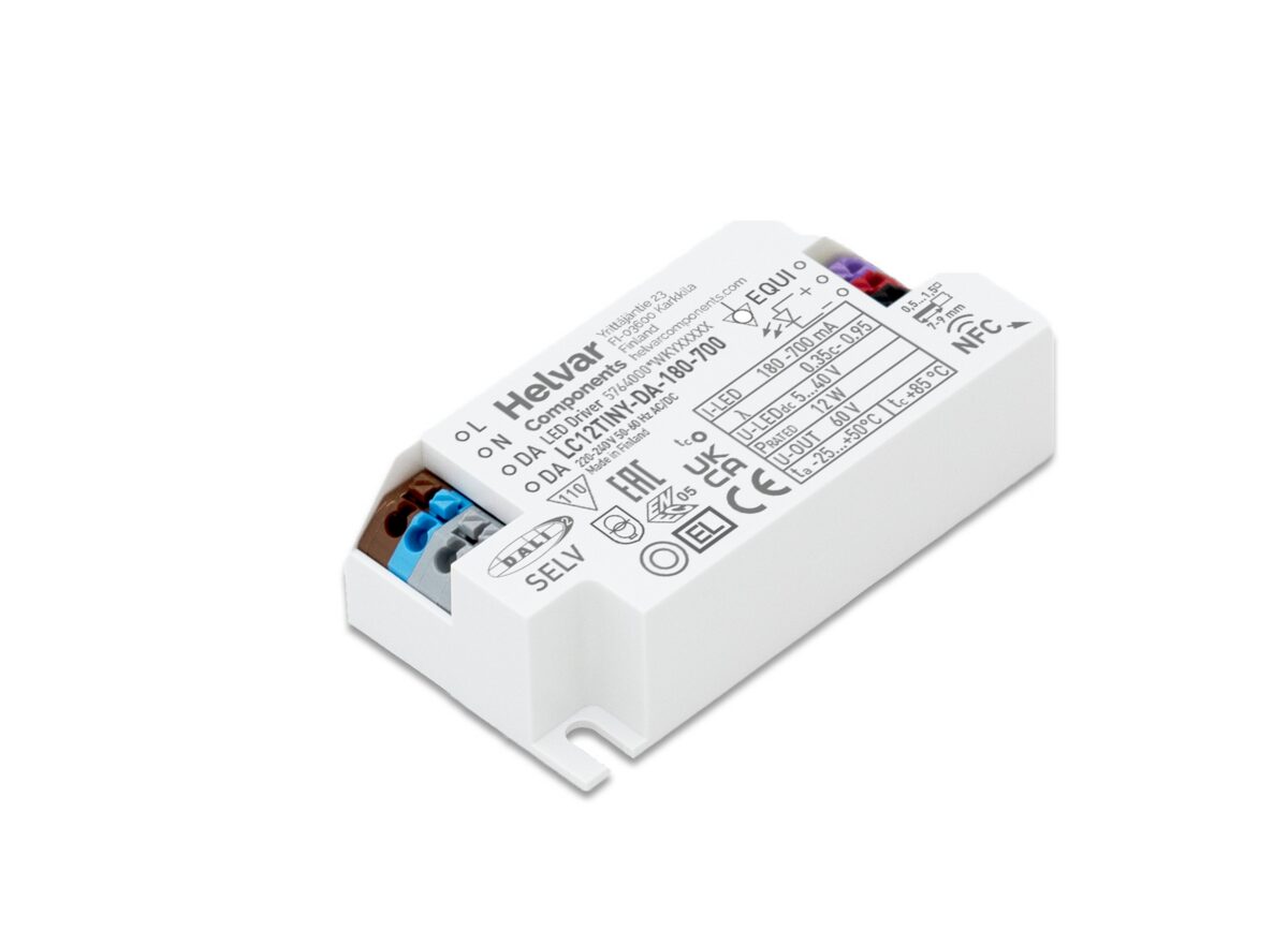 Helvar LC12TINY-DA-180-700 DALI-2 LED driver, a small white rectangular housing with push-in terminals