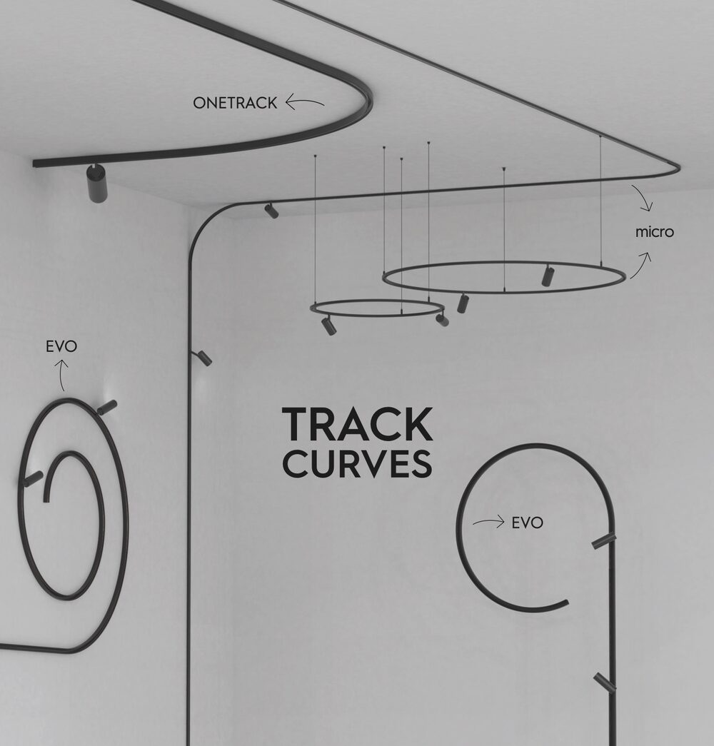 Render of a room with curved black tracks: a ONETRACK curve along the ceiling, an EVO spiral on the wall, and micro track rings suspended from the ceiling