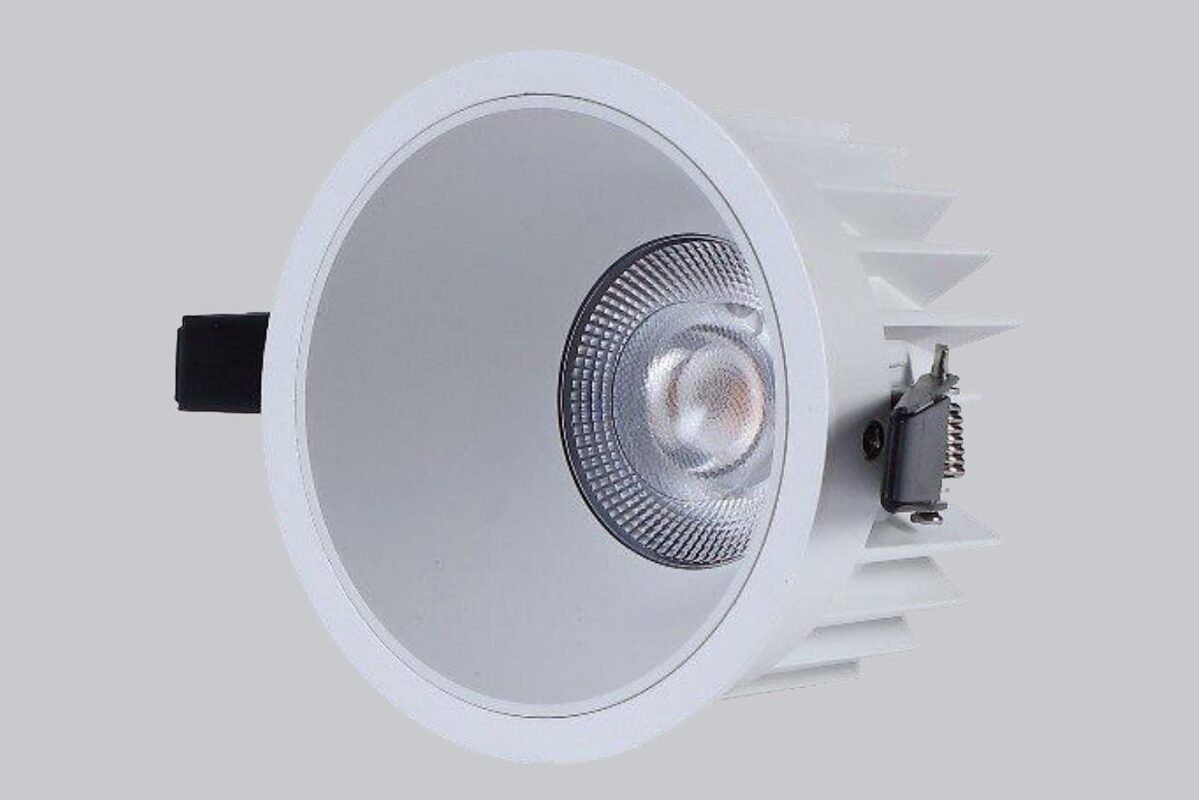 VOSKO IP rated round downlight with a white reflector, visible COB and finned heatsink
