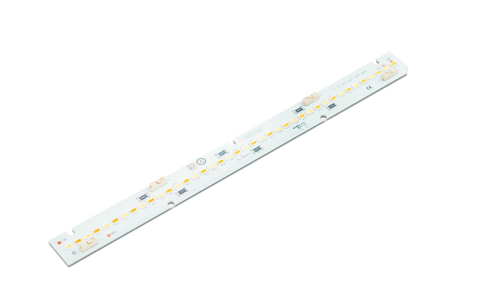 Helvar L-iC-282 tunable white linear LED module, a long narrow white circuit board with a row of LEDs