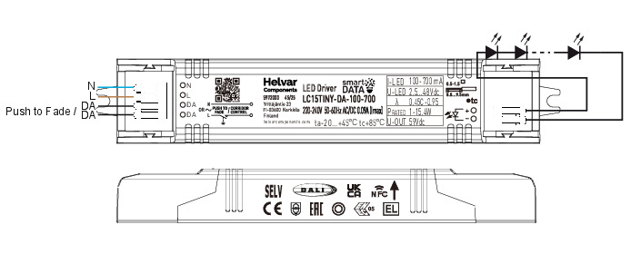 Wiring diagram for the LC15TINY driver showing mains, DALI and push to fade inputs on one side and the LED output on the other
