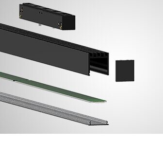Exploded render of a black Senzafine module with opal optic: track adaptor, aluminium body, end caps, LED board and opal diffuser