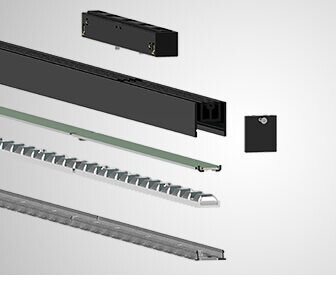 Exploded render of a black Senzafine module with UGR below 19 optic: track adaptor, aluminium body, LED board, louvre reflector and cover