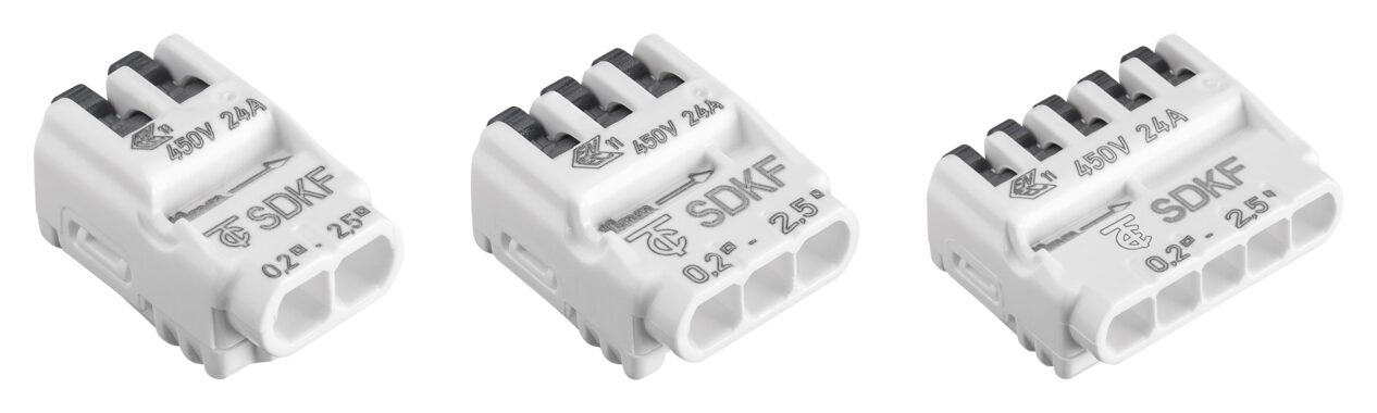 Three white Electro Terminal SDKF connectors side by side with two, three and five grey clamping levers, marked 450V 24A and 0.2 to 2.5 square millimetres