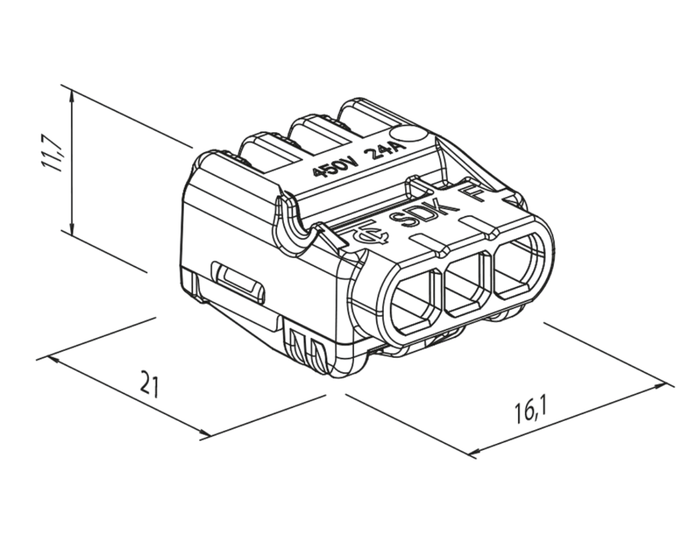Dimension drawing of the SDKF 3 connector: 21 mm deep, 16.1 mm wide and 11.7 mm high