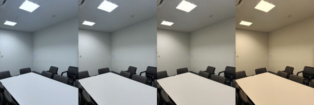 Four views of the same meeting room lit at different colour temperatures, from cool white on the left to warm white on the right