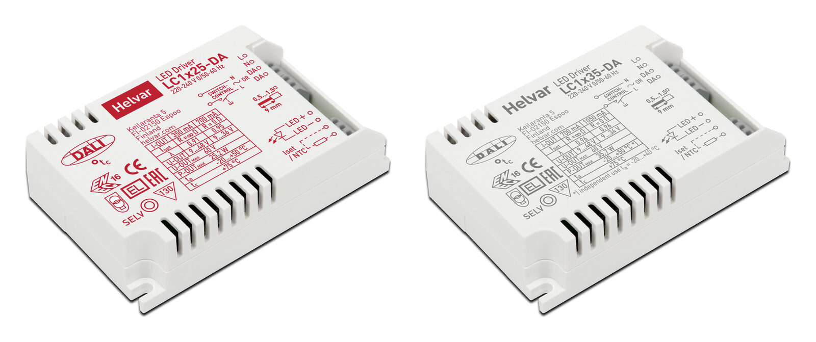 Helvar LC1x25-DA with a red label and LC1x35-DA with a grey label, two compact white LED drivers side by side
