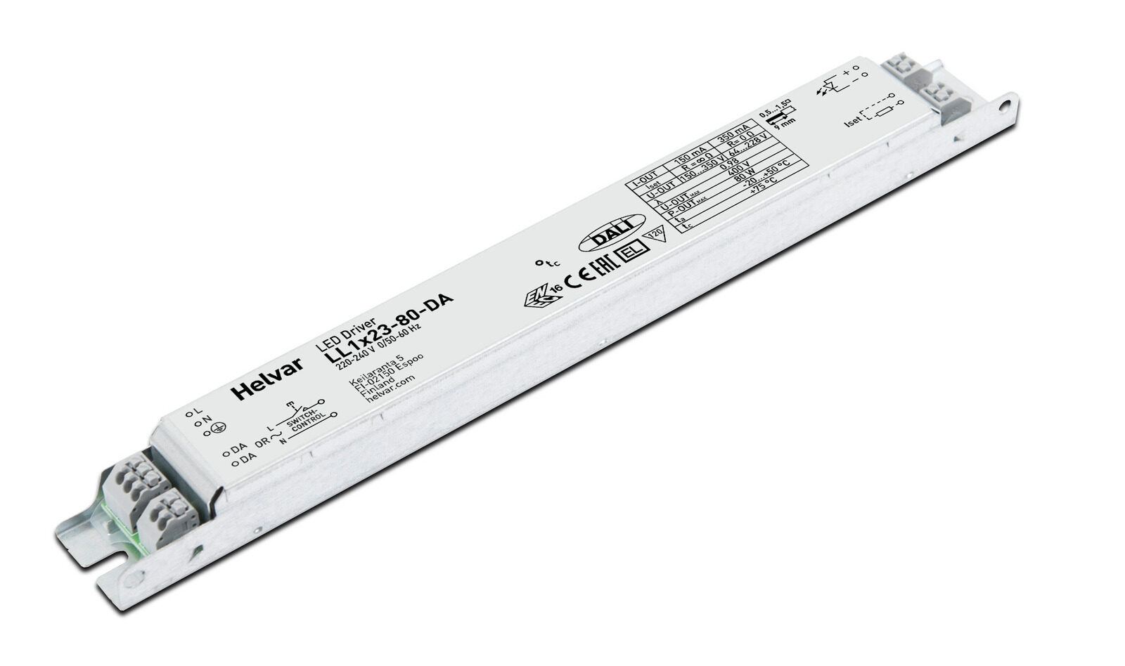 Helvar LL1x23-80-DA linear LED driver in a long slim metal housing