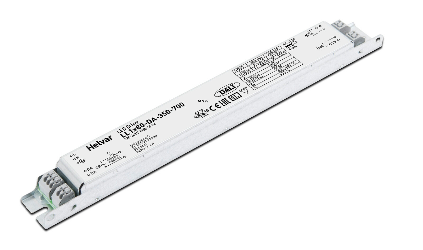 Helvar LL1x80-DA-350-700 linear LED driver in a long slim metal housing