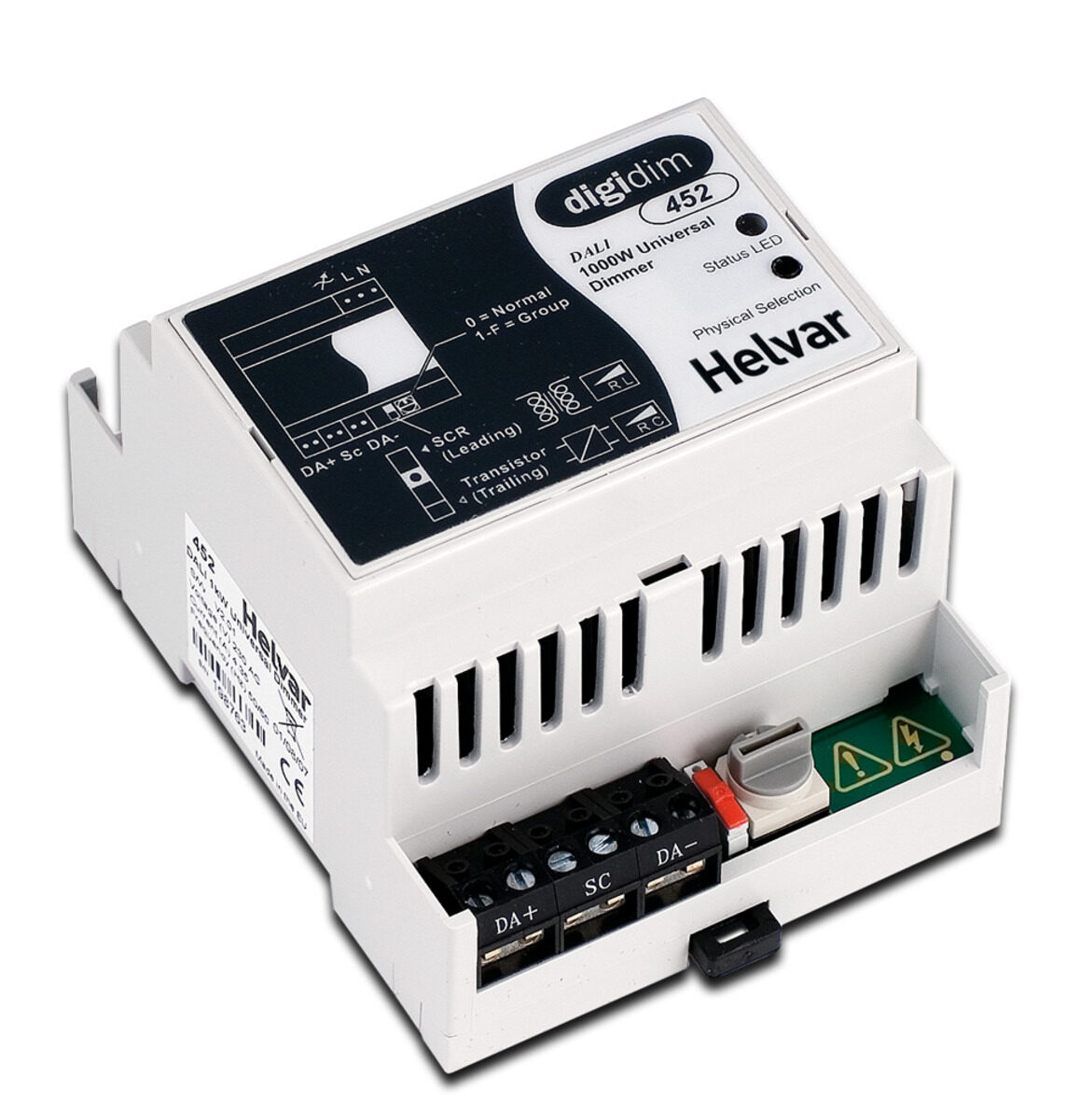 Helvar DIGIDIM 452 universal dimmer, a DIN rail module with a black front label and screw terminals