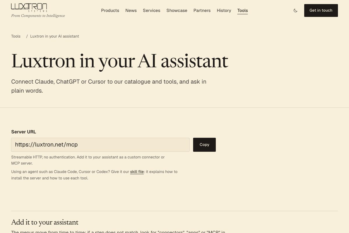 Luxtron in your AI assistant: our catalogue over MCP