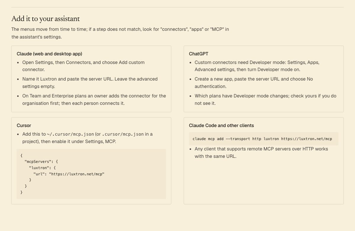 Setup steps on the Luxtron MCP page for Claude, ChatGPT, Cursor and Claude Code