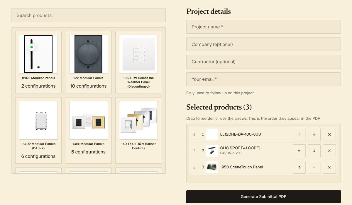 The Luxtron submittal builder opened from an assistant's link, with three products already in the selected list and the project name and email fields empty