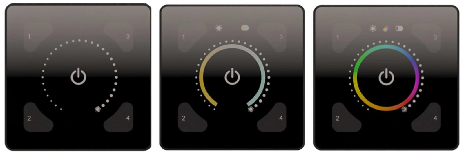 Three black ILLUSTRIS fascias side by side: a dimming ring, a warm-to-cool colour temperature ring and a full colour ring, each with four numbered scene buttons