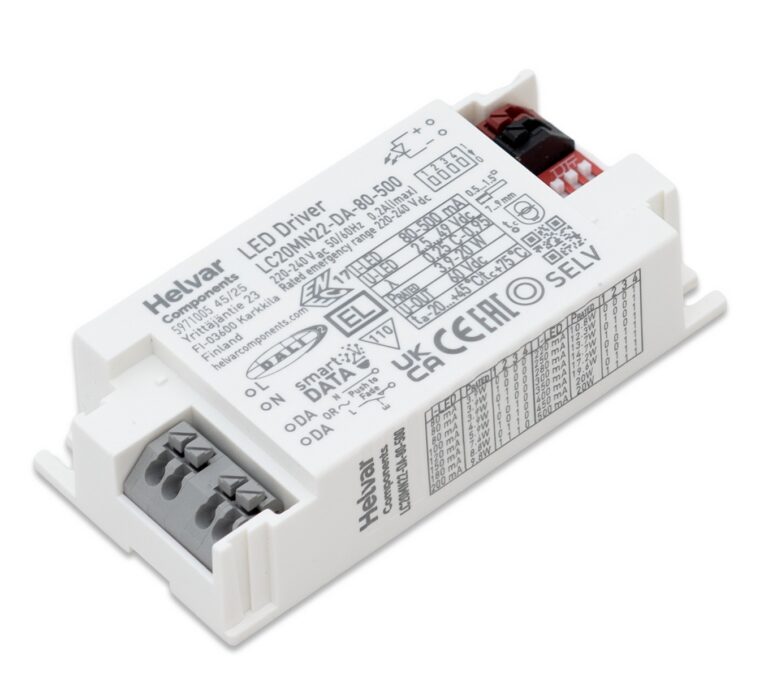 Helvar LC20MN22-DA-80-500 LED driver, a short white housing with push-in terminals and a DIP switch block