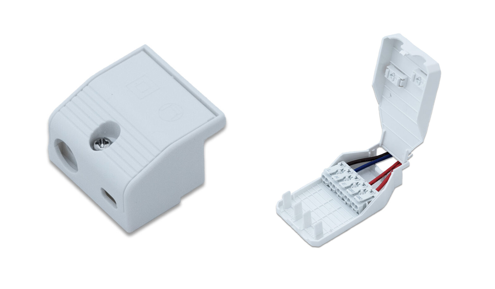 Two Helvar click-on strain reliefs for MN22 drivers, a closed LC-SR-MN22 cover and an open LC-SR-MN22-LOOP with wires in its terminals