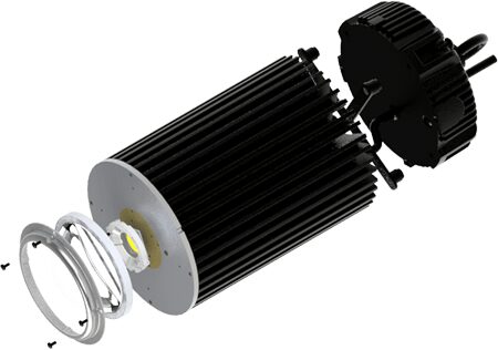 Exploded view of a MechaTronix CoolBay Giga-A cooler: black finned round heatsink with a COB LED holder, lens ring and a round Mean Well driver mounted on top