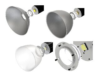CoolBay high bay coolers shown with two aluminium reflectors, a clear diffuser and a ring with a glass cover
