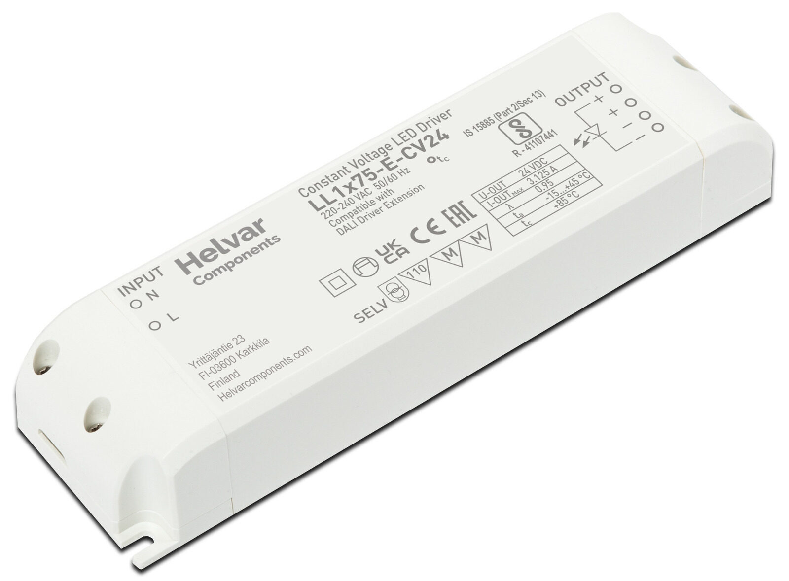 Helvar LL1x75-E-CV24 constant voltage LED driver, a white rectangular housing with input and output terminals at each end