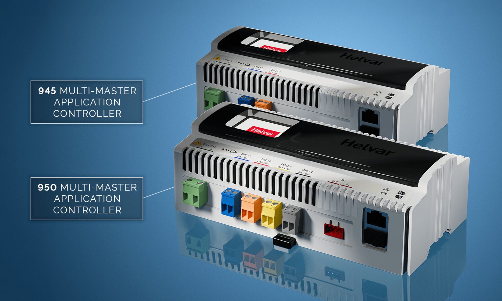 Helvar Imagine 945 and 950 multi-master application controllers stacked on a blue background, each labelled