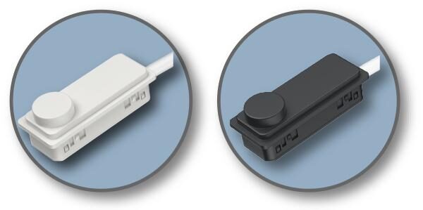 Two Helvar 5633 Node R40 modules in white and black, each a small rectangle with a round cap and a cable