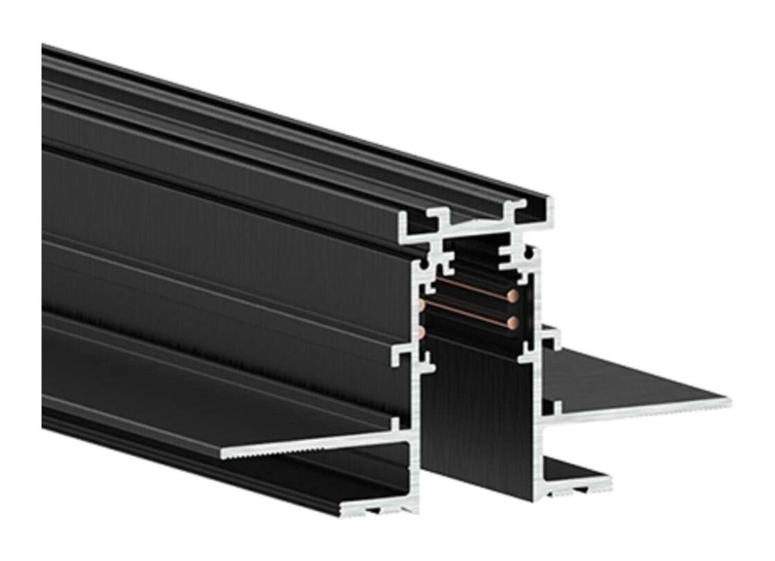 Render of a black A.A.G. Stucchi ST10 trimless track section with its plaster wings and copper conductors visible at the cut end