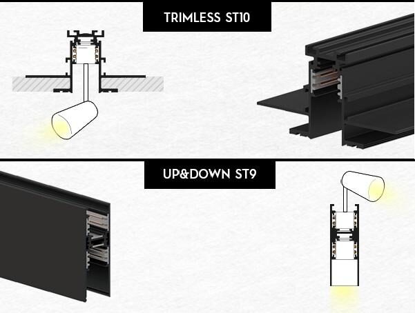 A.A.G. Stucchi launch illustration showing the ST10 trimless track set into a plasterboard ceiling with a spotlight below, and the ST9 UP&DOWN double track with one spotlight on top and one underneath