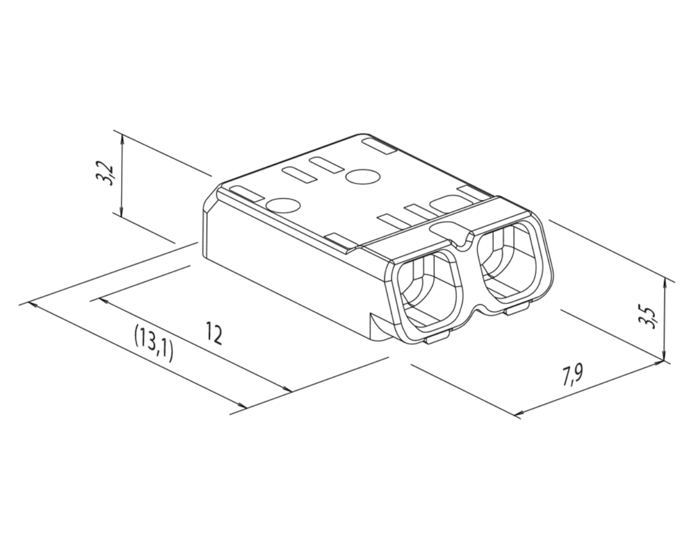 Dimension drawing of the two-pole MICROCON SMD: 3.5 mm high, 7.9 mm wide and 12 mm long, 13.1 mm overall