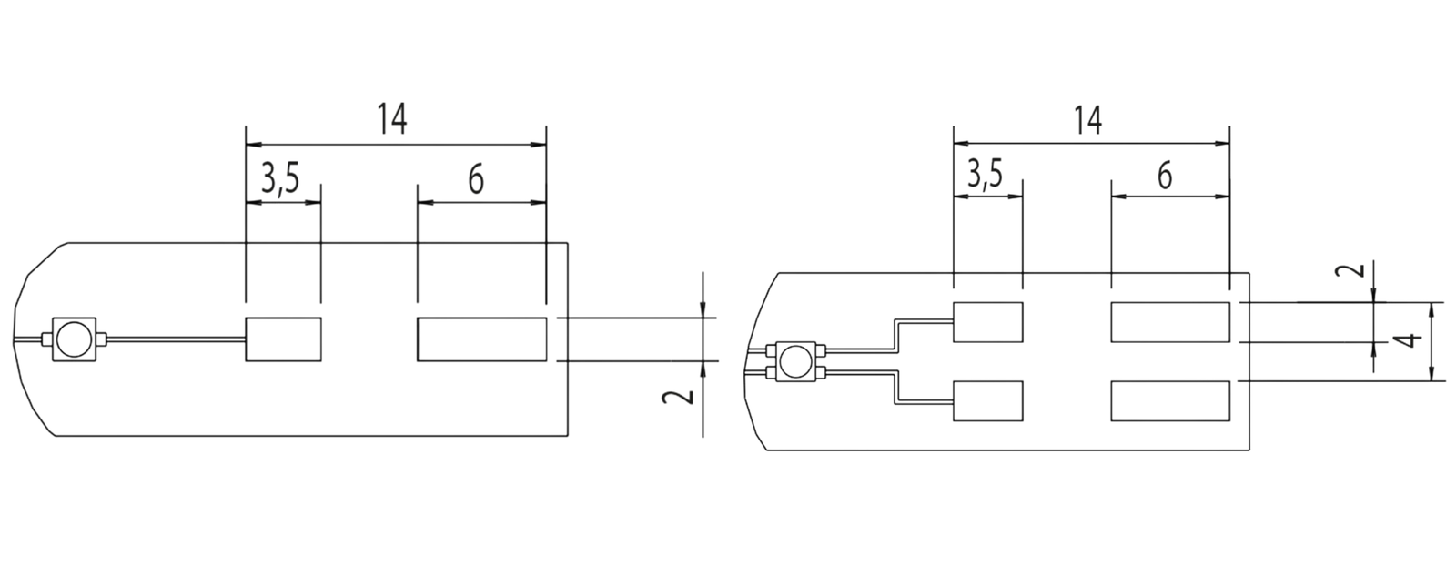 Recommended PCB pad layouts for MICROCON SMD 1P and 2P, dimensioned in millimetres, with a 14 mm overall pad length
