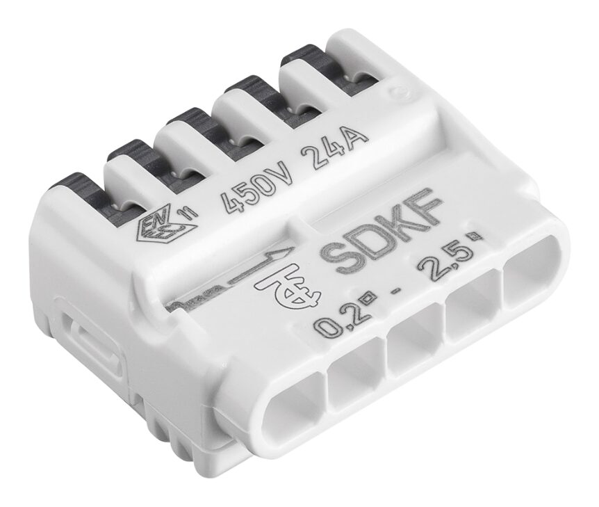 Five-way white Electro Terminal SDKF connector with five grey levers, marked 450V 24A and 0.2 to 2.5 square millimetres