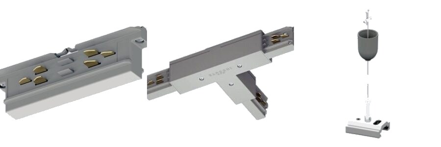 Three grey A.A.G. Stucchi track accessories: a straight joint with brass contacts, a T-connector and a ceiling suspension kit with steel cable