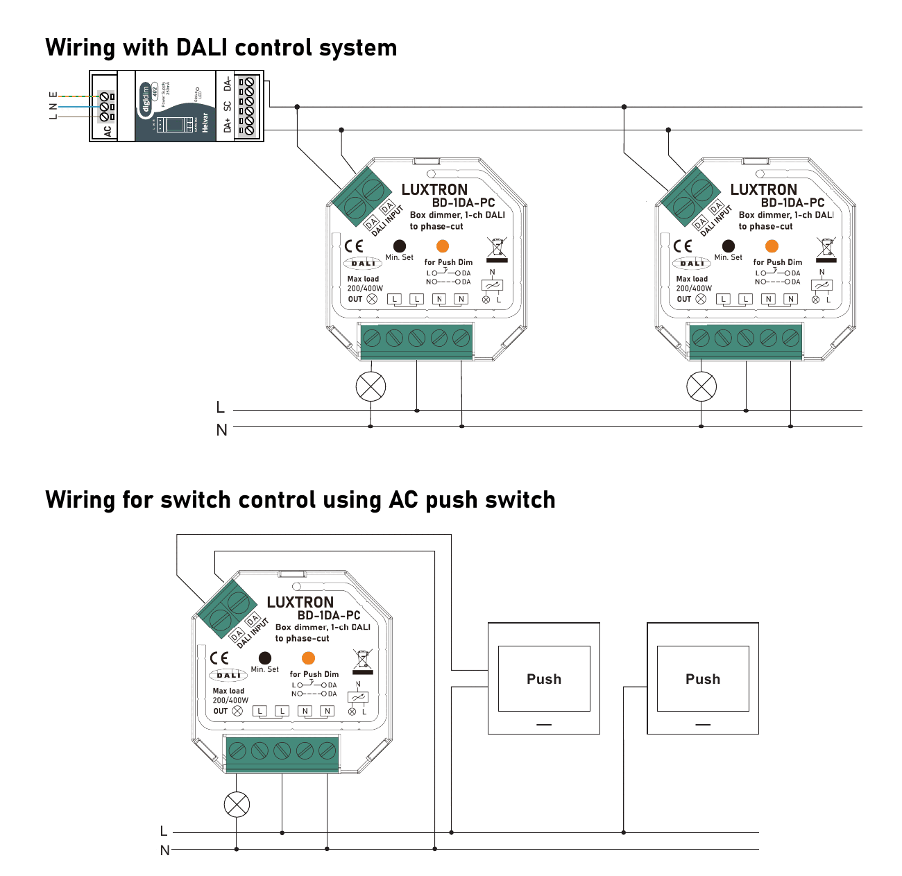 Wiring diagrams for the BD-1DA-PC: two dimmers on a DALI line fed by a DALI power supply, and one dimmer controlled by two AC push switches