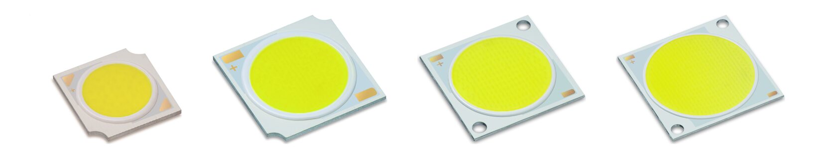 Four Citizen COB Version 6 packages in a row: the CLU028, CLU038, CLU048 and CLU058 chip-on-board LEDs with yellow phosphor emitting surfaces
