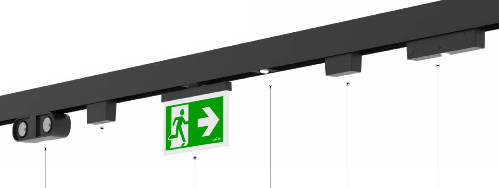 Render of a black Hyper 2.0 track carrying a double spotlight, an emergency exit sign, a speaker and sensor modules hanging from adapters